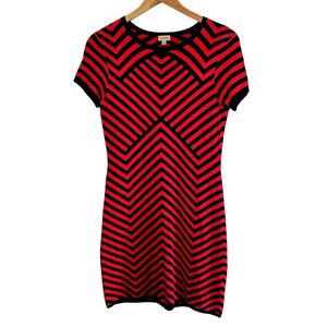 Size M – Crèmeux Red & Black Chevron Knit Bodycon Midi Dress